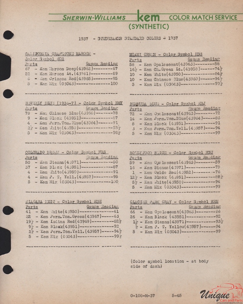 1937 Studebaker Paint Charts Williams 3